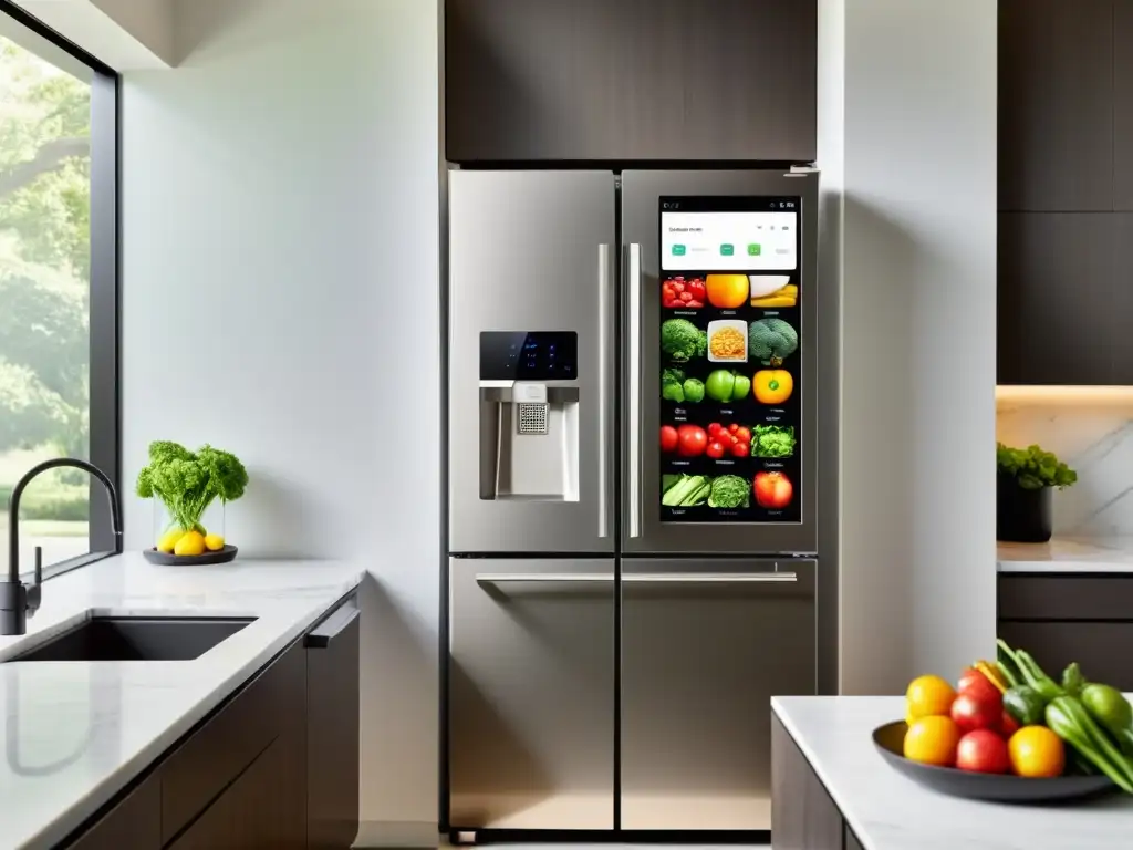 Refrigerador inteligente con pantalla táctil en cocina moderna Un frigorífico inteligente en una cocina moderna, destacando los beneficios de su pantalla táctil y funciones avanzadas