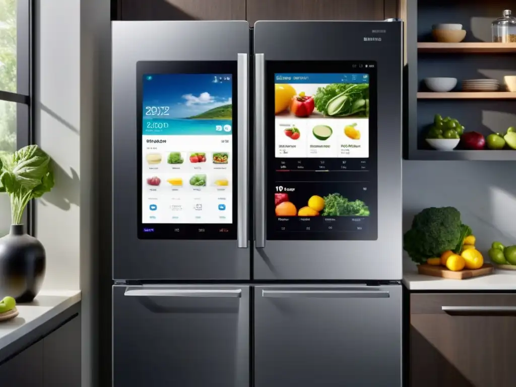 Refrigerador Samsung Family Hub: diseño moderno y conectividad inteligente Un frigorífico Samsung Family Hub moderno y elegante en una cocina espaciosa y soleada