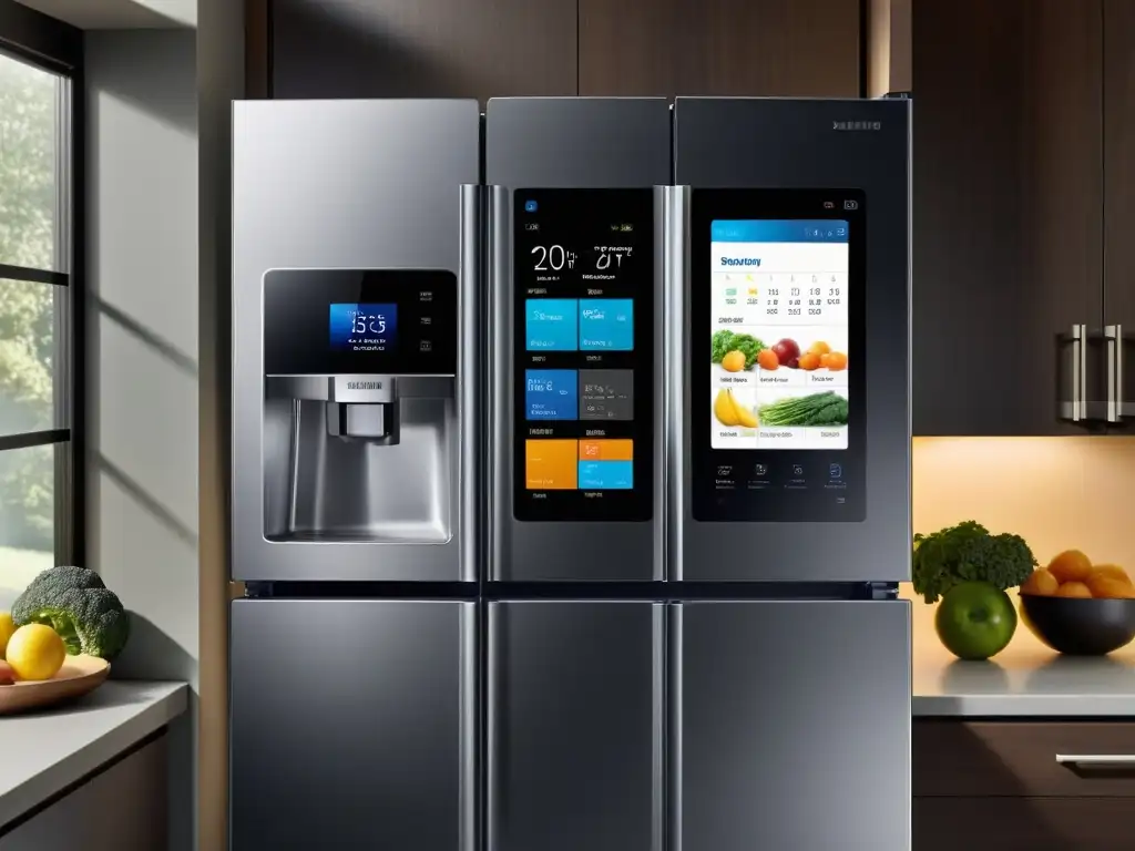 Refrigerador Samsung Family Hub: sofisticación y funcionalidad en tu cocina Un frigorífico Samsung Family Hub, moderno y elegante, con funciones avanzadas, en una cocina luminosa y espaciosa