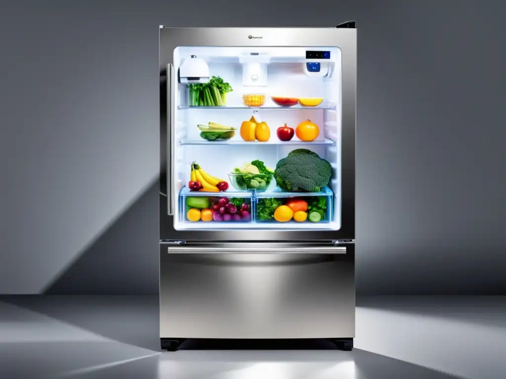 Un frigorífico moderno y elegante con puerta de vidrio transparente, exhibiendo alimentos frescos y organizados
