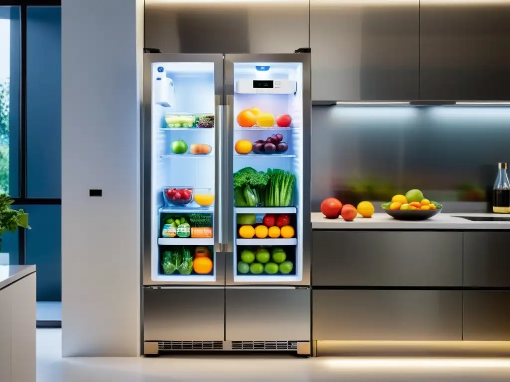 Refrigerador moderno con puerta de vidrio y alimentos coloridos Un frigorífico moderno con puerta de vidrio transparente, lleno de alimentos coloridos