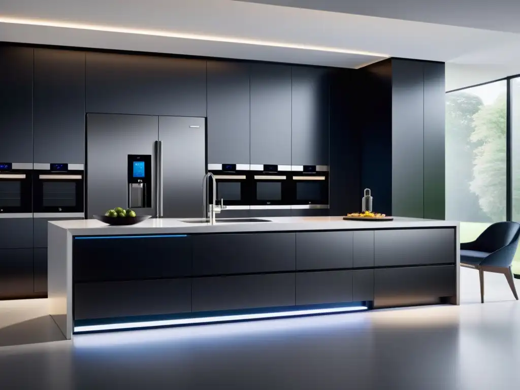 Cocina futurista con electrodomésticos autónomos integrados Funcionamiento electrodomésticos autónomos en cocina moderna y minimalista con tecnología futurista