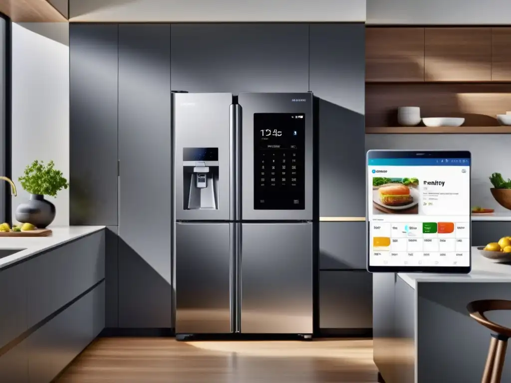 Cocina moderna con refrigerador Samsung Family Hub Funciones del frigorífico Samsung Family Hub en cocina moderna de alta tecnología con diseño minimalista y electrodomésticos inteligentes