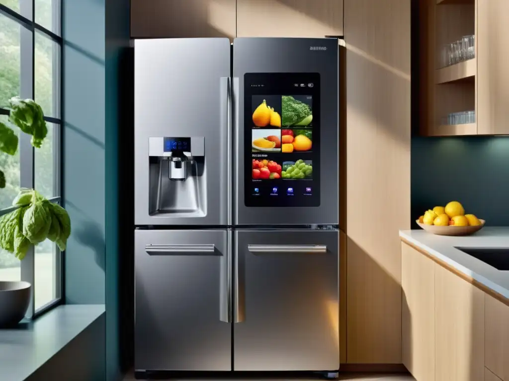 Refrigerador Samsung Family Hub: Tecnología y sofisticación en tu cocina Funciones del moderno frigorífico Samsung Family Hub en una cocina elegante y minimalista, reflejando sofisticación y tecnología de vanguardia