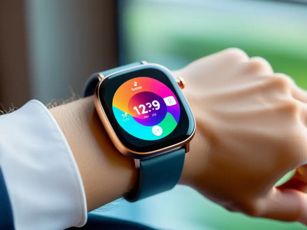 Smartwatch futurista controla hogar inteligente Interacción futurista con tecnología wearable para control domótico en un ambiente moderno y elegante