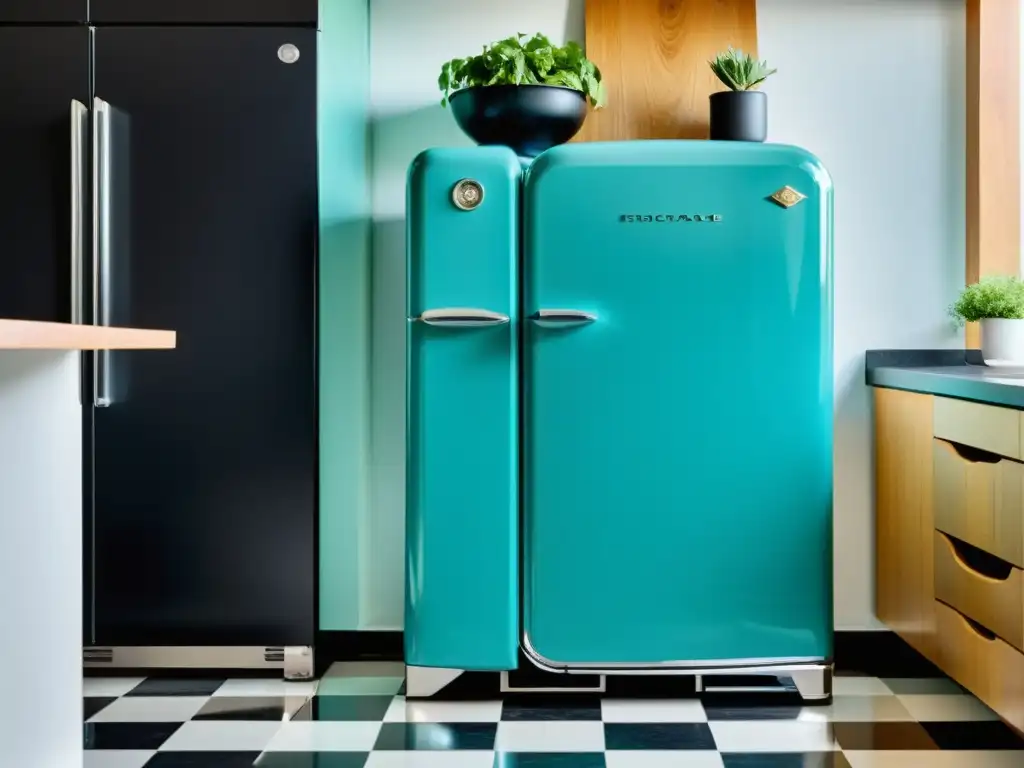 Refrigerador vintage turquesa en cocina moderna Un gabinete de cocina único, reutilizando un refrigerador vintage turquesa