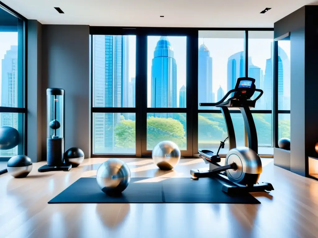 Moderno gimnasio en casa con equipo de ejercicio inteligente Un gimnasio en casa moderno y elegante con equipo de ejercicio inteligente, creando un ambiente tranquilo