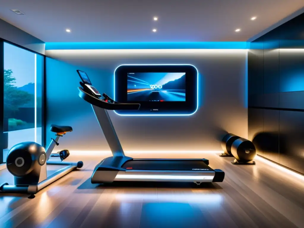 Espacio de gimnasio en casa de alta tecnología Un gimnasio en casa moderno y elegante, con equipamiento inteligente de última generación integrado en un espacio contemporáneo