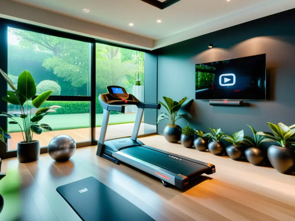 Gimnasio en casa de lujo con equipamiento inteligente y entrenador virtual Un gimnasio en casa moderno con equipos de ejercicio inteligentes para hogar en un entorno lujoso y acogedor con toques de alta tecnología