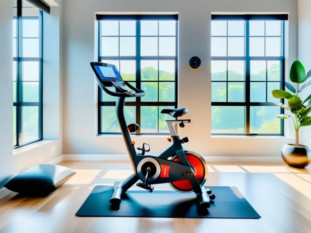 Entorno de gimnasio en casa moderno y tecnológico Un gimnasio en casa moderno con equipos de ejercicio inteligentes en hogar, bañado en luz natural y con un ambiente hightech y acogedor