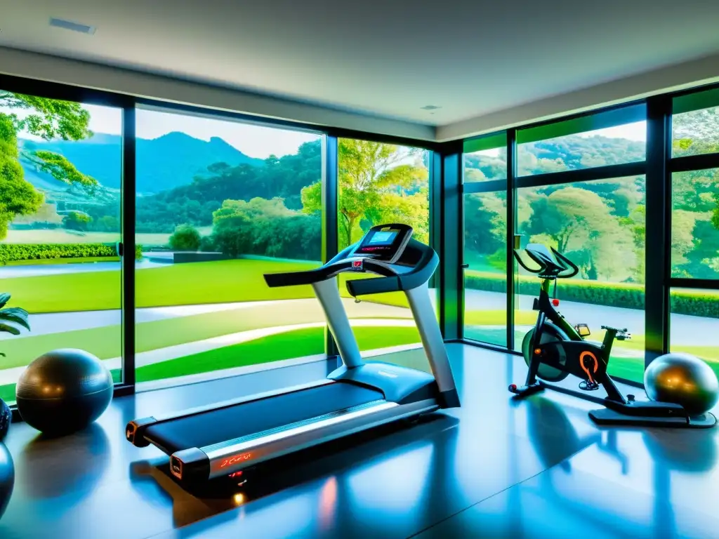 Entrenamiento inteligente en casa con equipo futurista Un gimnasio en casa moderno con equipos de ejercicio inteligentes en un entorno minimalista y sofisticado, bañado por luz natural