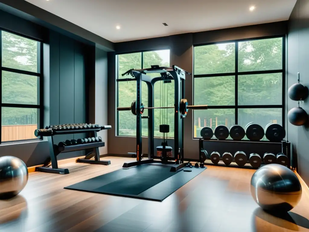 Equipo de pesas inteligente en gimnasio doméstico de diseño moderno Un gimnasio en casa moderno y luminoso con pesas inteligentes, ideal para el fortalecimiento en casa con pesas inteligentes