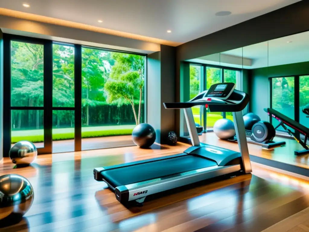 Gimnasio en casa con equipo moderno y luz natural Un gimnasio doméstico moderno con equipos de ejercicio inteligentes para hogar, bañado en luz natural y rodeado de naturaleza serena