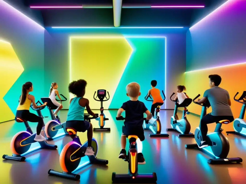 Niños activos en gimnasio futurista con equipos inteligentes Un gimnasio moderno y brillante lleno de niños usando equipos de ejercicio inteligentes, promoviendo un estilo de vida saludable desde temprana edad