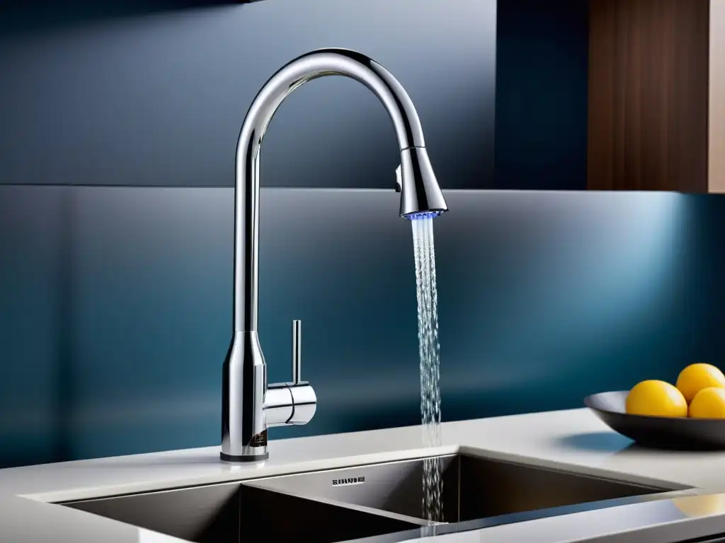 Grifo de cocina con sensor: elegancia futurista Un grifo moderno con sensor para cocina en acabado cromado, elegante y funcional, en un entorno contemporáneo