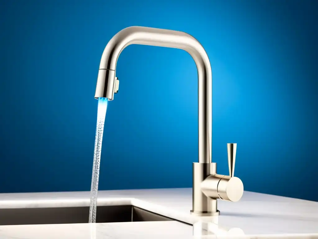 Grifo de cocina moderno con sensor y LED azul Grifo moderno con sensor en elegante cocina de mármol blanco y fregadero de acero inoxidable