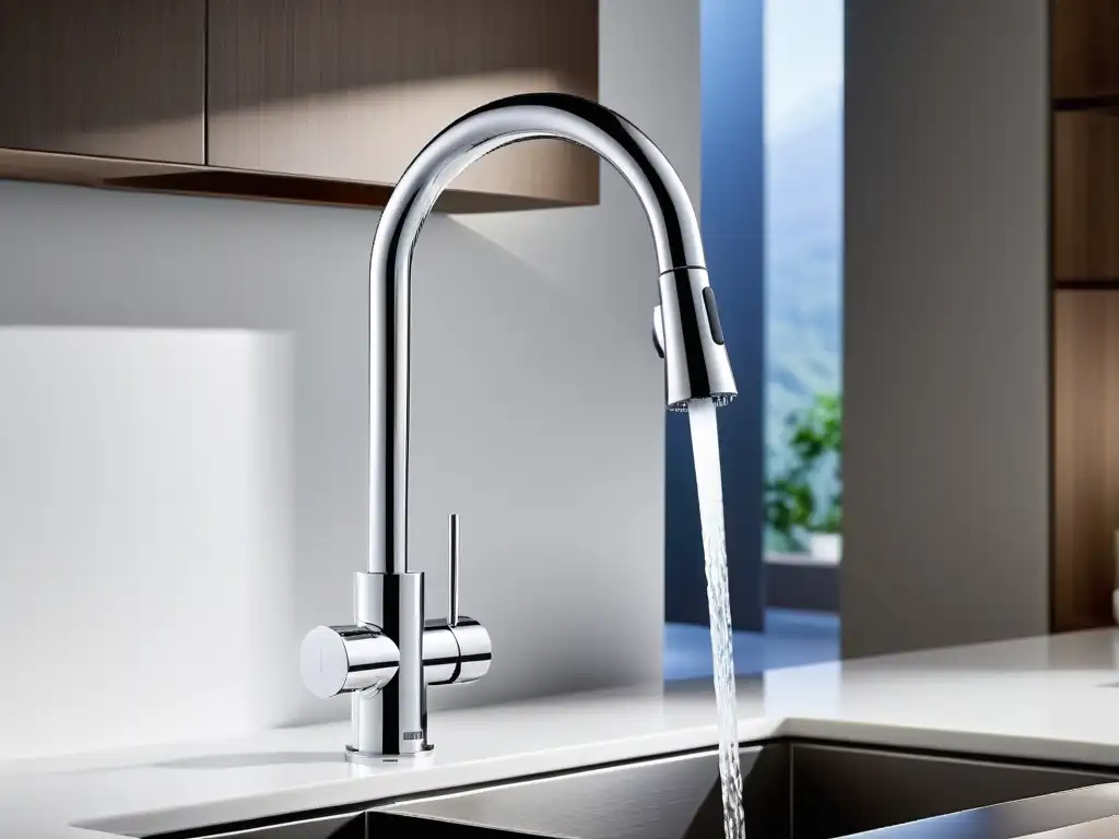 Faucet de cocina con sensor: elegante y sin contacto Grifo con sensor para cocina en acabado cromado, montado en encimera blanca limpia