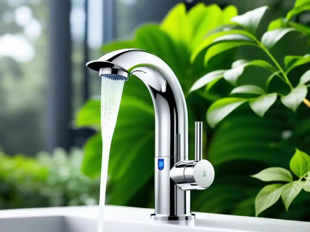 Faucet moderno con sensor en entorno natural Grifo con sensor para cocina en entorno natural, fusionando tecnología y sostenibilidad