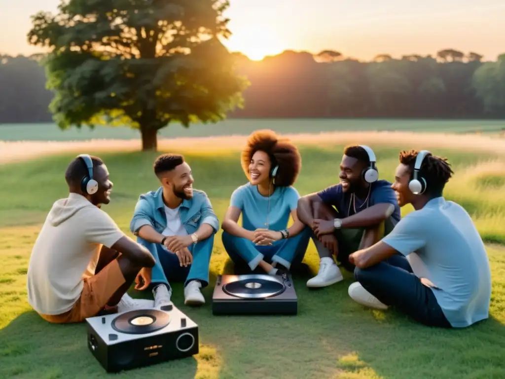 Un grupo diverso de jóvenes se sienta en círculo en un campo, rodeados de equipos de sonido