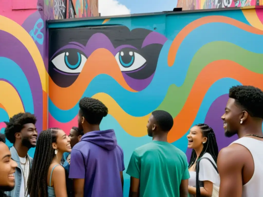 Un grupo de jóvenes disfruta la influencia de equipos de sonido en un vibrante entorno urbano con grafitis coloridos