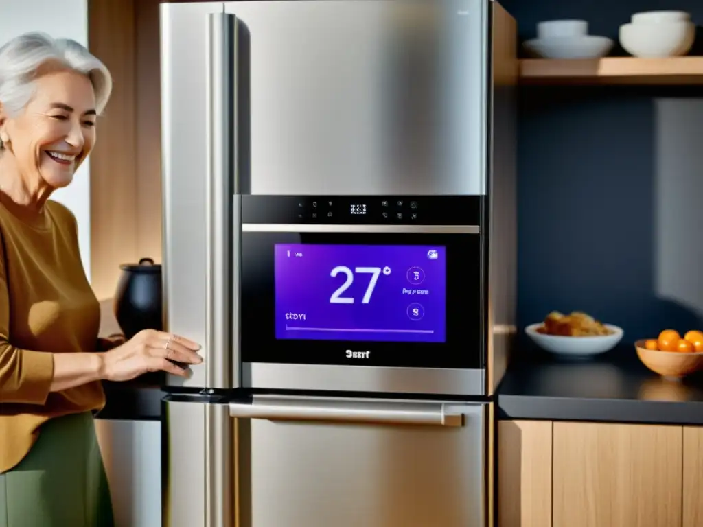 Vida moderna para adultos mayores: tecnología accesible en el hogar Un grupo de personas mayores usa con alegría electrodomésticos inteligentes diseñados para sus necesidades