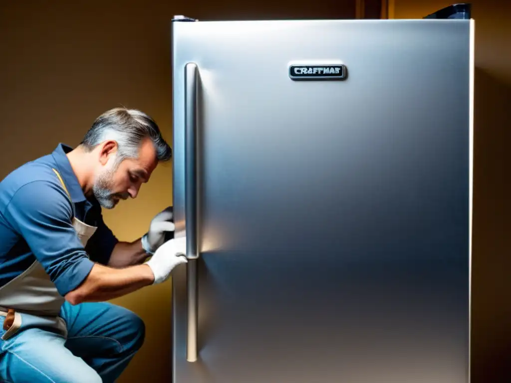 Artesano transformando refrigerador en muebles modernos Un hábil artesano desmonta con cuidado un antiguo refrigerador, reutilizando sus piezas para crear modernos muebles