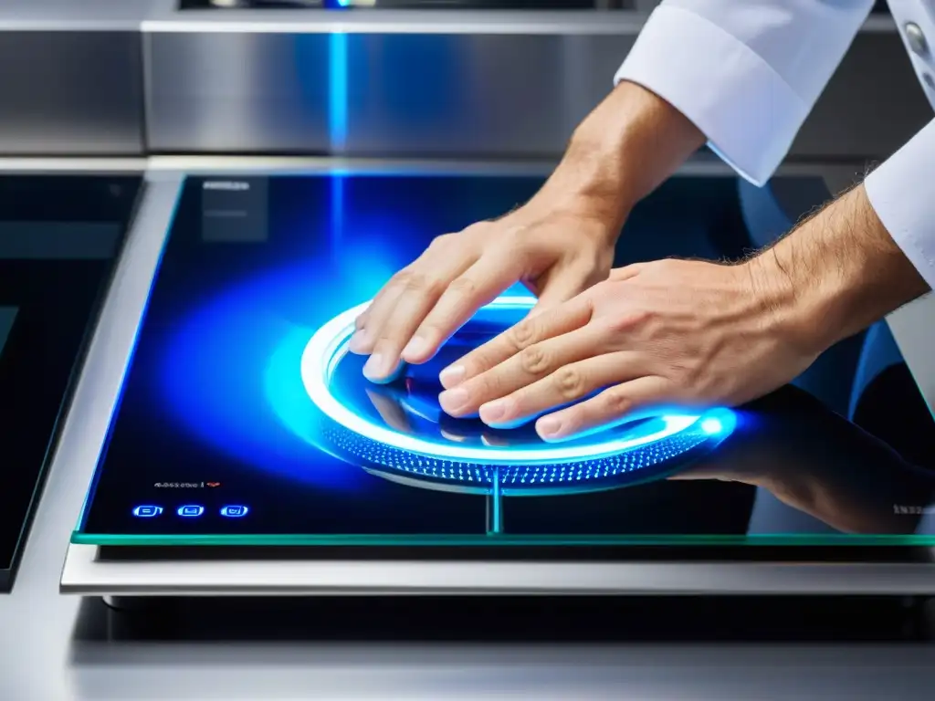 Reparación de inducción: precisión y profesionalismo Las hábiles manos del técnico reparan la pantalla de la cocina de inducción, con luces LED azules vibrantes