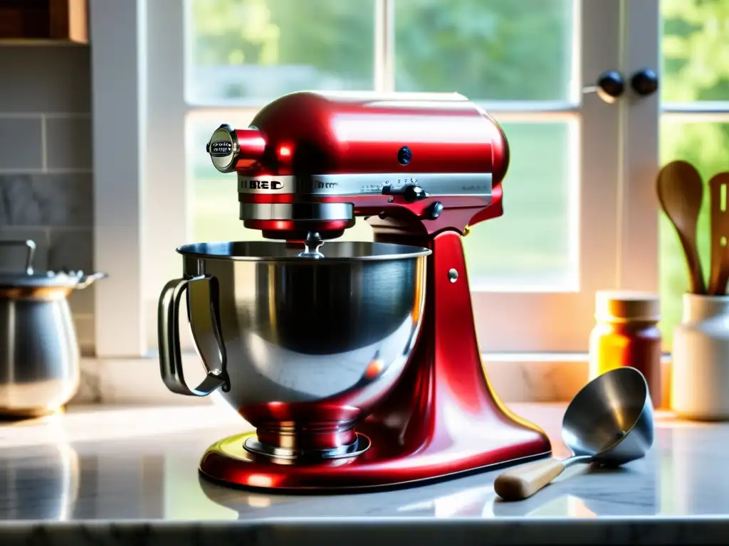 Batidora vintage roja en encimera de mármol con utensilios de cocina retro Un hermoso mezclador vintage rojo con acabado cromado en una encimera de mármol, rodeado de utensilios de cocina retro