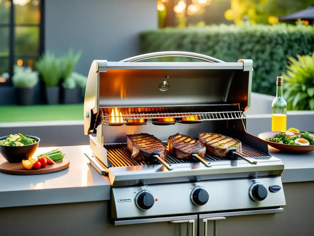 Un hermoso patio al aire libre con una parrilla eléctrica moderna y alimentos perfectamente cocinados