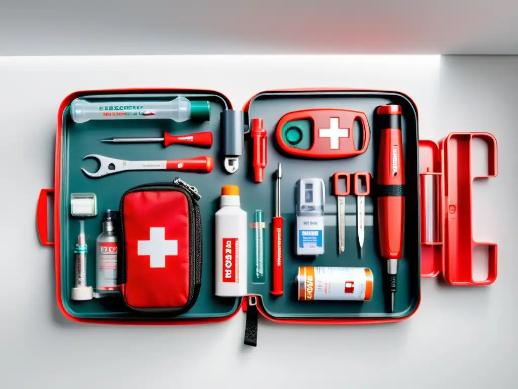 Herramientas de emergencia modernas Herramientas de emergencia para hogar: Kit organizado en mostrador blanco, con linterna LED brillante, destornilladores precisos, multiherramienta compacta, cinta adhesiva y botiquín de primeros auxilios con símbolo de la cruz roja