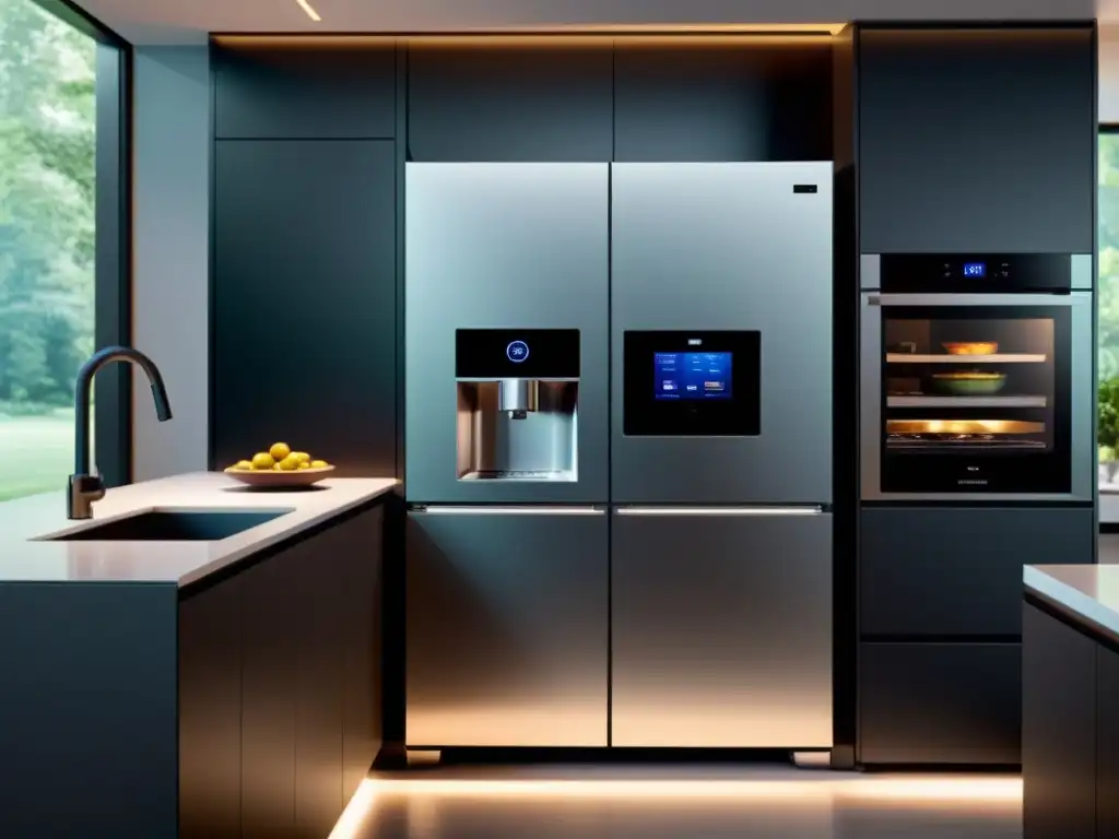 Cocina moderna con electrodomésticos inteligentes integrados Un hogar del futuro con electrodomésticos inteligentes integrados en una cocina moderna y elegante