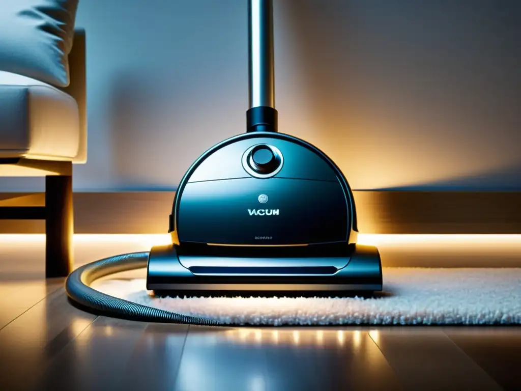Potente aspiradora de alta tecnología en un hogar impecable Un hogar impecable con el mejor aspirador para hogar saludable en un ambiente moderno y acogedor, destacando su avanzada tecnología y diseño