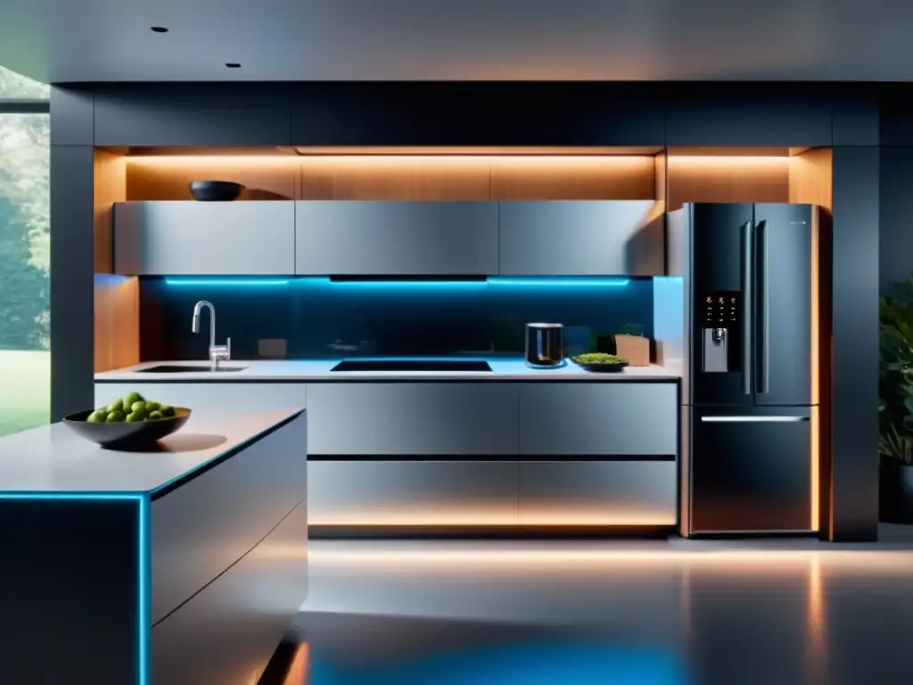 Cocina futurista con electrodomésticos autónomos en acción Un hogar inteligente con avances electrodomésticos autónomos integrados en una cocina futurista de diseño minimalista y alta tecnología