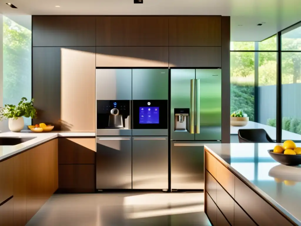 Cocina inteligente con electrodomésticos conectados Un hogar inteligente con electrodomésticos autónomos conectados, bañado por la luz solar en una cocina moderna y elegante