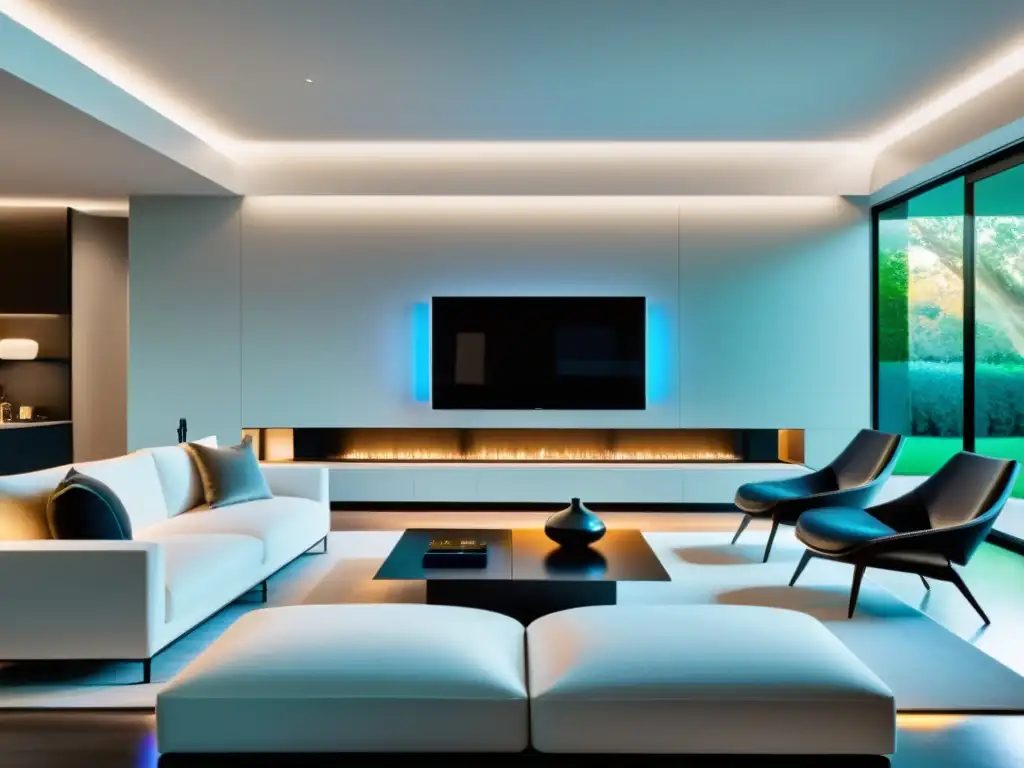 Sala inteligente con dispositivos conectados Un hogar inteligente moderno con dispositivos de diferentes marcas conectados en perfecta compatibilidad, creando una atmósfera futurista y funcional
