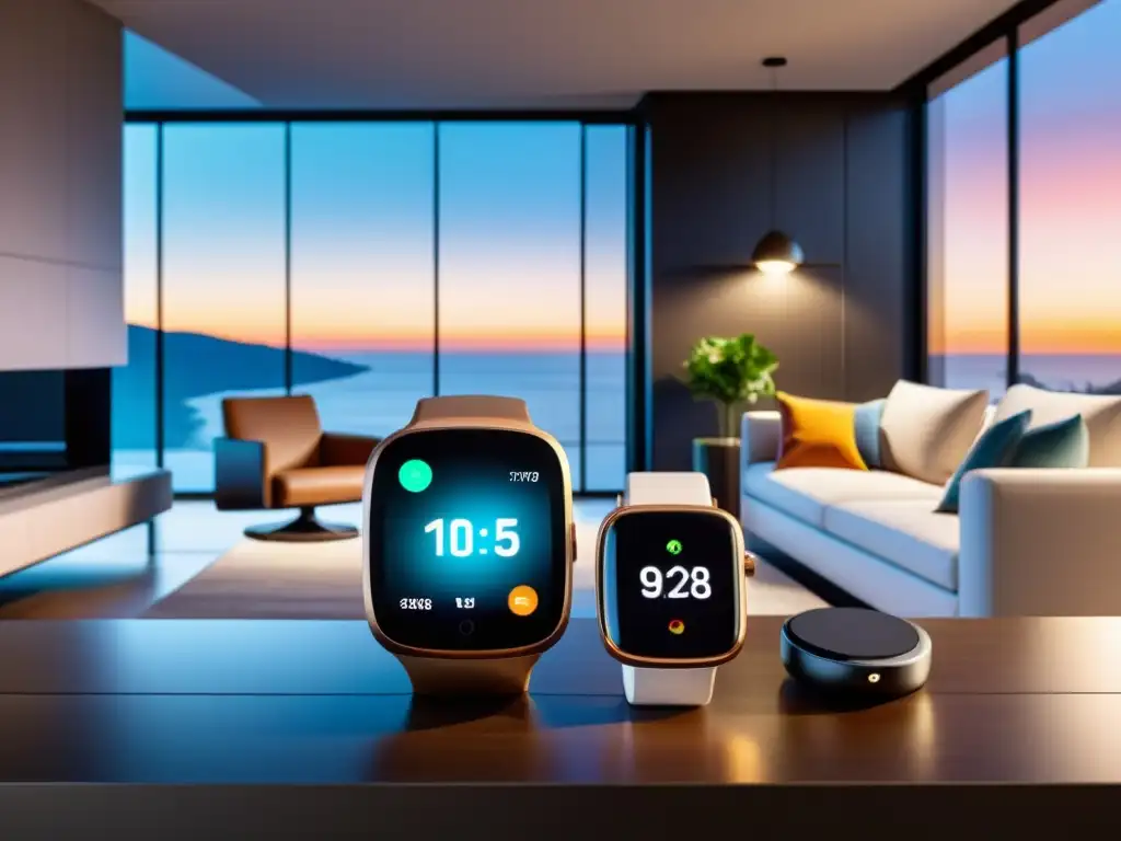 Entorno inteligente: dispositivos wearable y hogar conectado Un hogar inteligente moderno con dispositivos ponibles sincronizándose, creando un ambiente interconectado