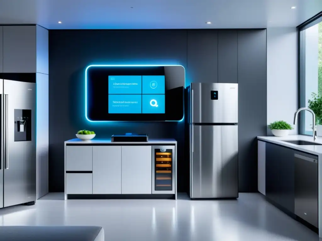 Smart Home: Riesgos y Vulnerabilidades Tecnológicas Un hogar inteligente muestra potenciales riesgos de seguridad para electrodomésticos conectados, con una atmósfera de tecnología sofisticada y cautela
