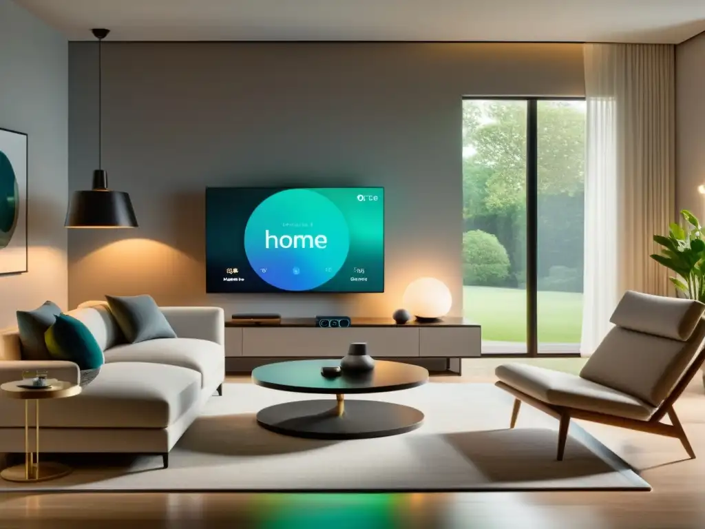 Salón inteligente con dispositivos domésticos conectados Un hogar moderno con dispositivos de domótica interoperables, creando una atmósfera sofisticada y eficiente