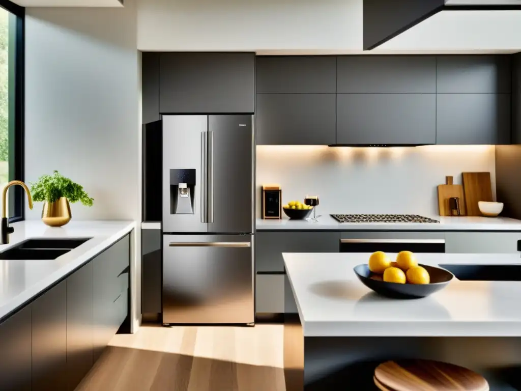 Un hogar moderno con electrodomésticos inteligentes 2023 integrados en una cocina minimalista de líneas limpias y una paleta de colores neutros