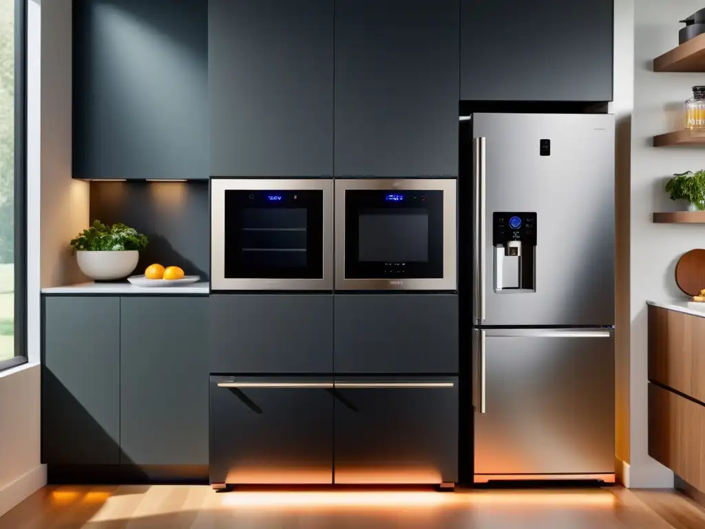 Cocina inteligente: diseño moderno con tecnología integrada Un hogar moderno con electrodomésticos inteligentes integrados, creando un ambiente eficiente y acogedor