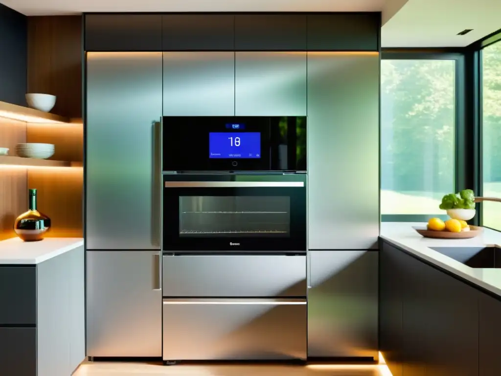 Cocina inteligente con electrodomésticos integrados Un hogar moderno con electrodomésticos multifuncionales conectados, integrados en un diseño elegante y futurista