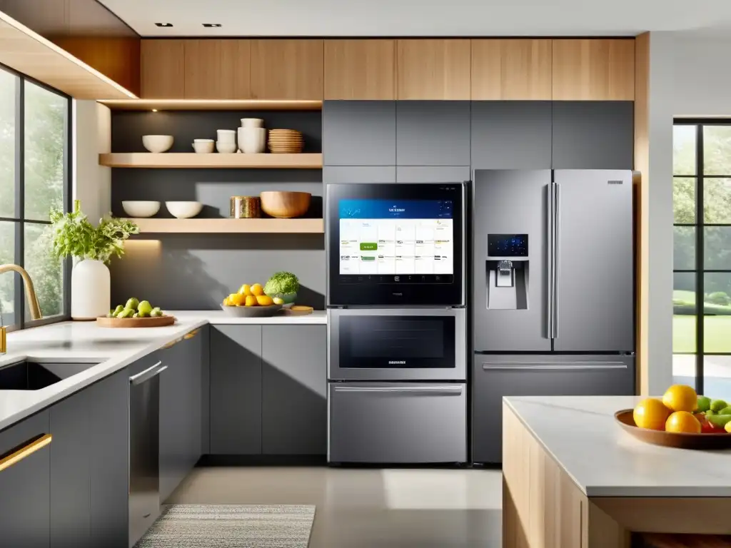 Cocina moderna con refrigerador Samsung Family Hub y ambiente acogedor Un hogar moderno con el frigorífico inteligente Samsung como centro