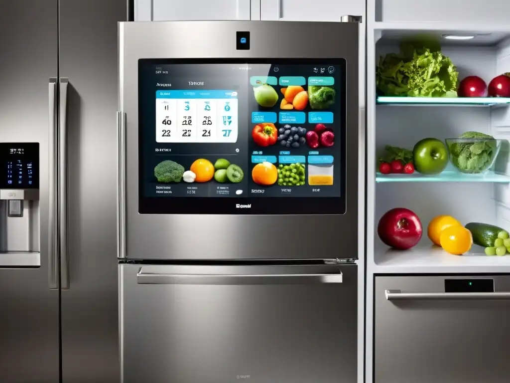 Cocina inteligente con refrigerador de alta tecnología Un hogar moderno con un frigorífico inteligente como centro, mostrando beneficios frigoríficos inteligentes hogar en una cocina minimalista y de alta tecnología
