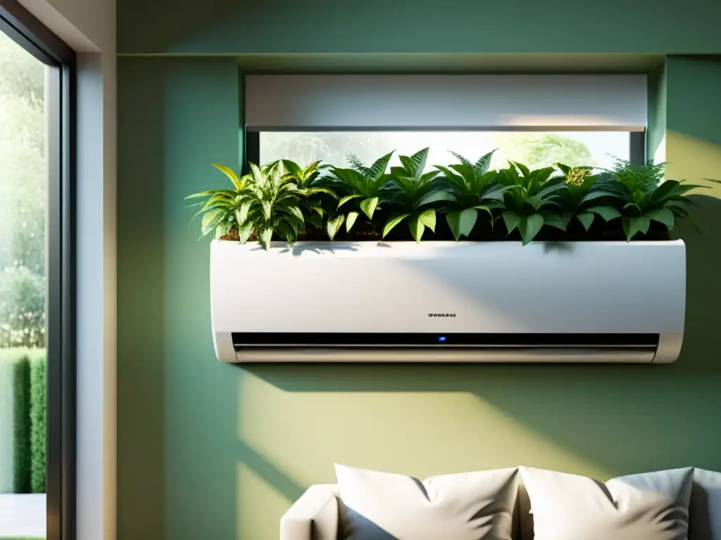 Unidad de aire acondicionado moderna en hogar ecoamigable Un hogar sostenible con unidad de aire acondicionado moderna y eficiente, integrando tecnología y armonía con la naturaleza