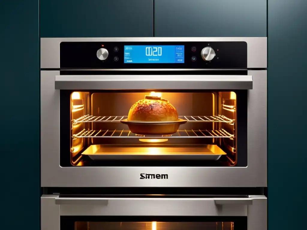 Moderno horno de vapor con comida deliciosa Horno de última generación con vapor, comida perfectamente cocida y presentación apetitosa en una atmósfera acogedora y elegante