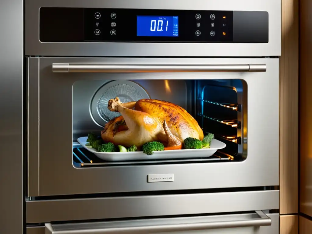 Horno de convección HIJ: Pollo dorado y vegetales perfectamente asados Un horno de convección HIJ mostrando un delicioso pollo dorado rodeado de vegetales asados, resaltando los beneficios del horno de convección HIJ