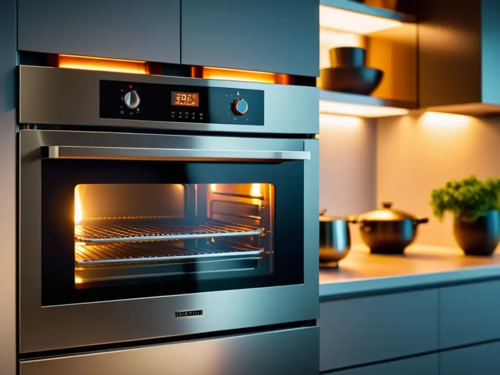 Un horno eléctrico de acero inoxidable en una cocina moderna iluminada con descuentos hornos eléctricos cocina moderna
