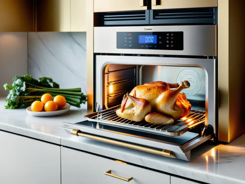 Horno de convección de acero inoxidable en cocina moderna Un horno de convección HIJ iluminado, mostrando deliciosos platillos en una cocina moderna y elegante
