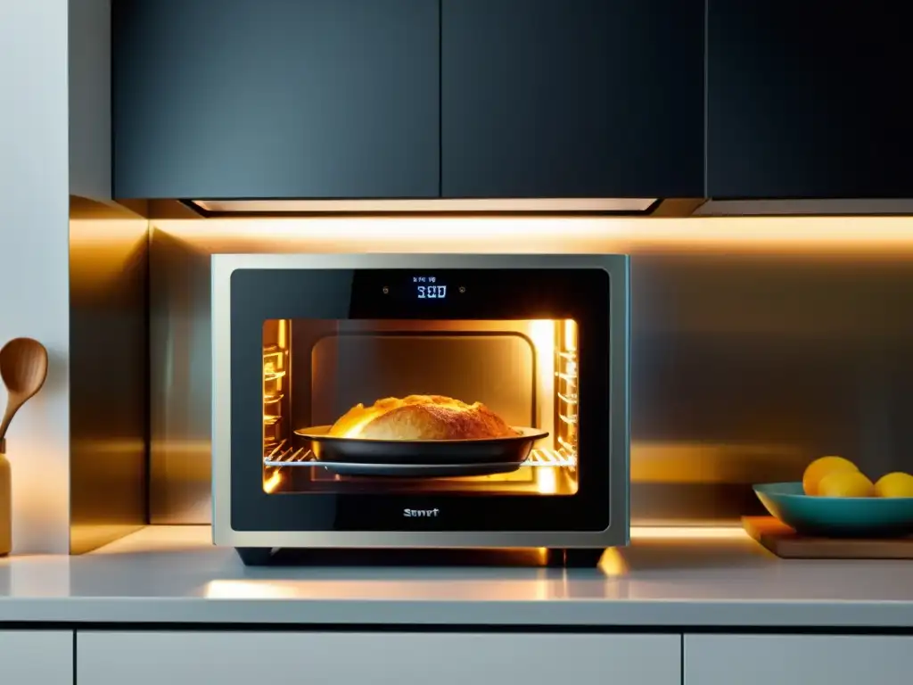 Cocina futurista con horno inteligente en negro Un horno inteligente con software para hornos inteligentes en una cocina moderna con luz natural y toques futuristas