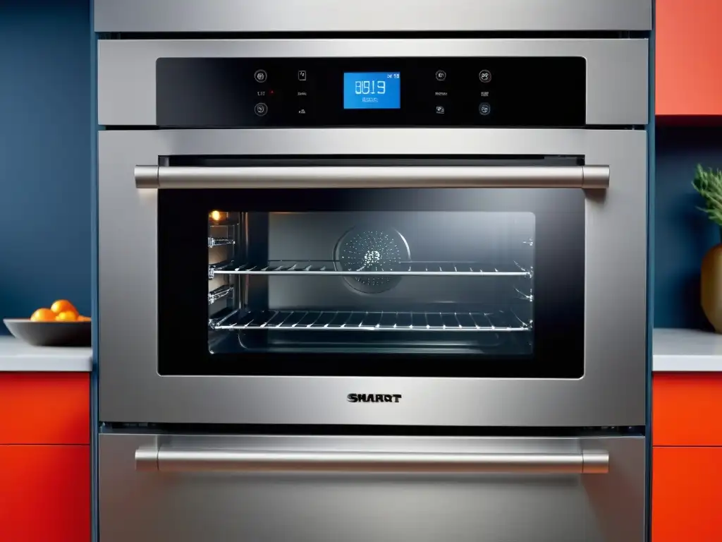 Cocina futurista con horno inteligente y comida deliciosa Un horno inteligente de última generación en una cocina moderna con software para hornos inteligentes, bañada en cálida luz natural